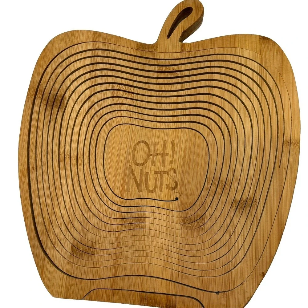 OH! NUTS Apple Shape CollapsibleWooden Basket Fruit Nut Bowl Trivet Centerpiece
